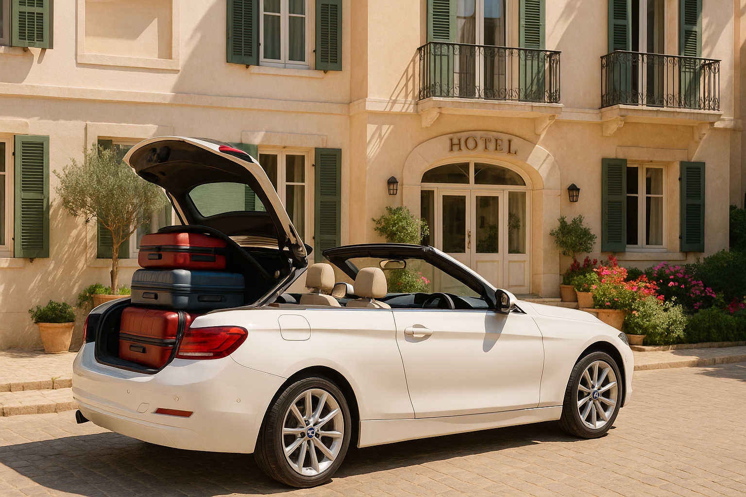 Eigenanreise 2026 – Cabrio mit Koffern vor Boutiquehotel