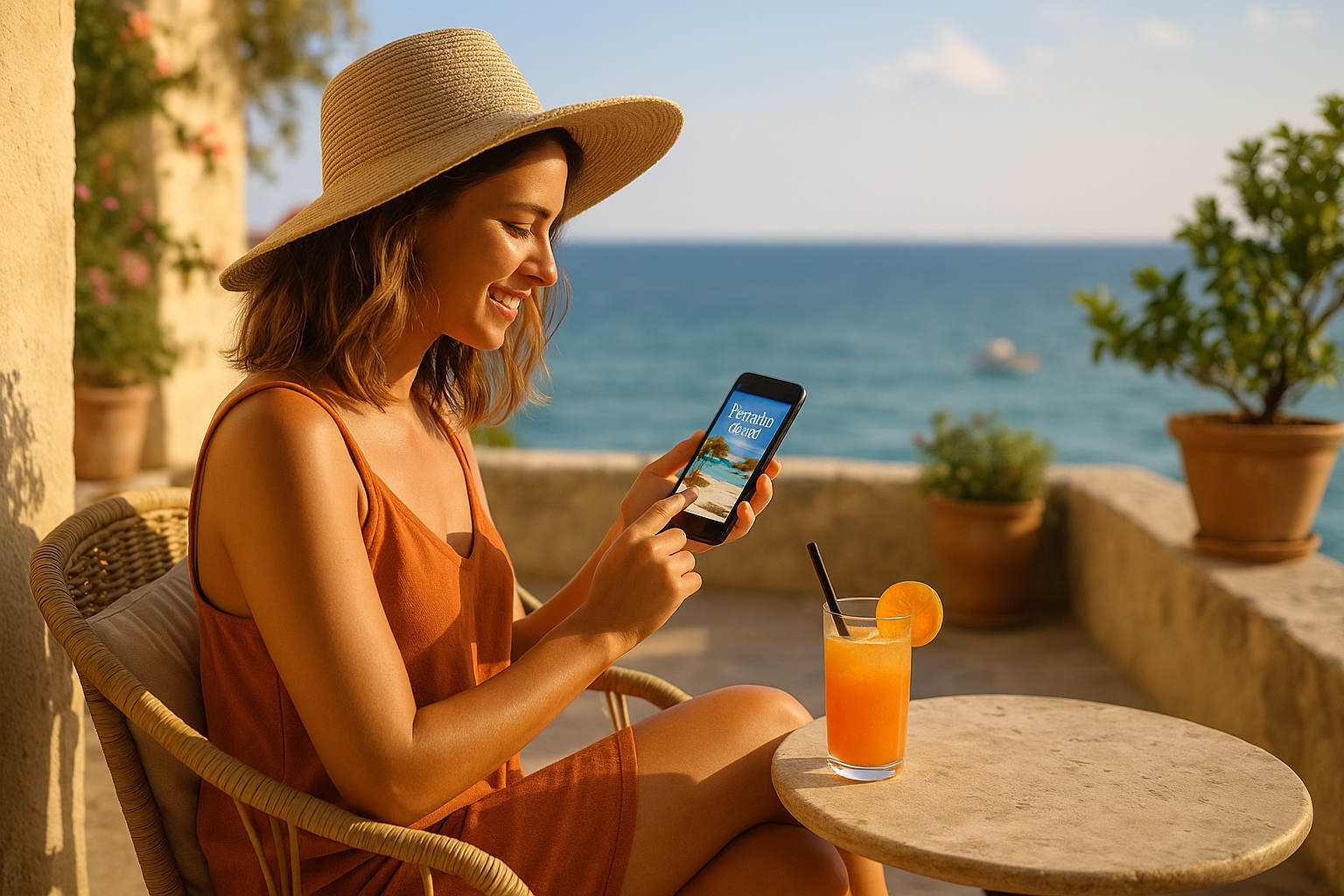 Frühbucher Deals 2026 – Frau checkt Reiseangebote am Smartphone auf der Terrasse