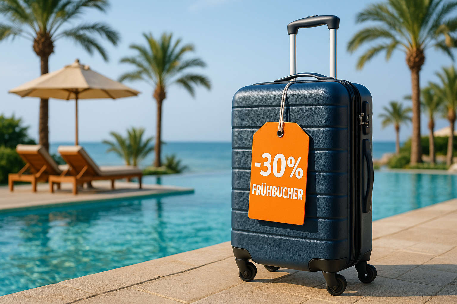 Frühbucherrabatt 2026 – Koffer mit Rabattanhänger am Pool
