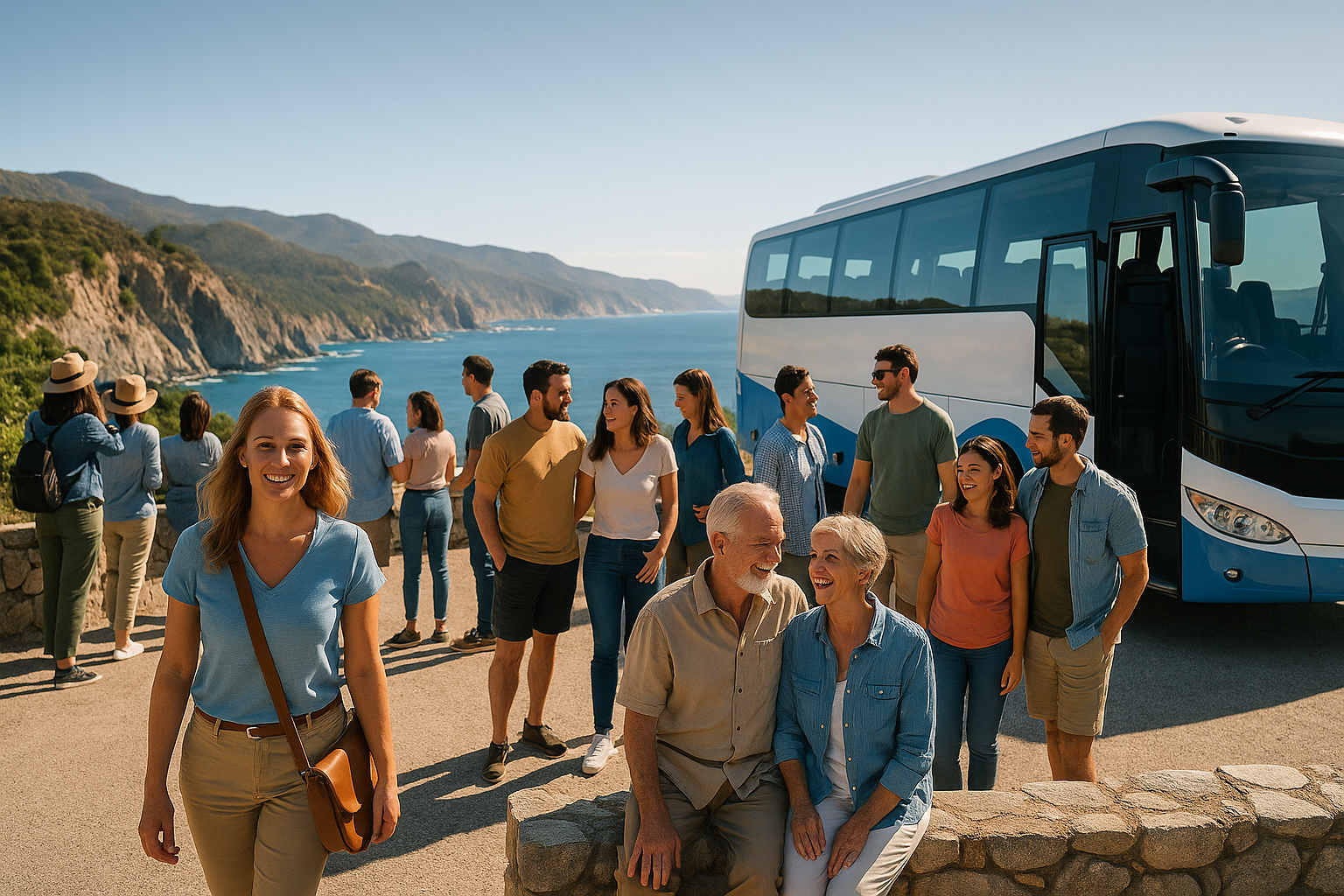 Rundreisen 2026 – Gruppe mit Bus am Aussichtspunkt an der Küste
