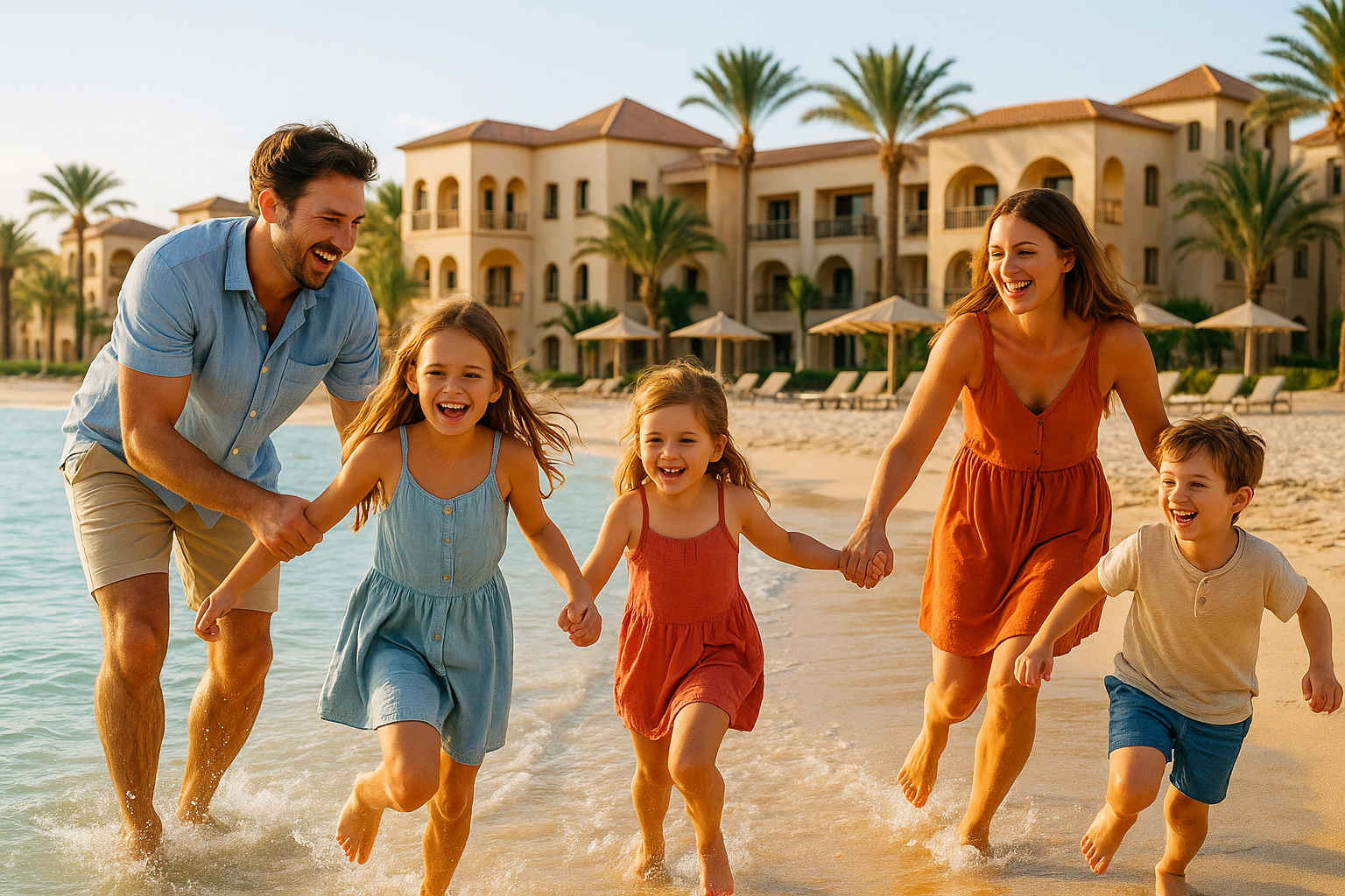 Sommerurlaub 2026 – Familie spielt am Strand im Mittelmeer