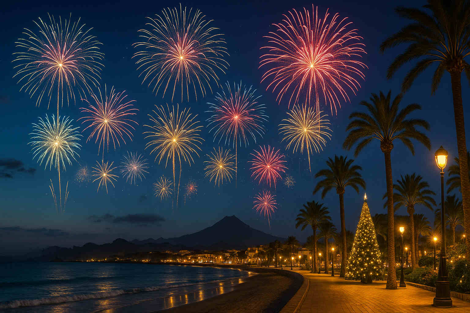 Weihnachten & Silvester auf den Kanaren – Promenade mit Palmen und Feuerwerk am Meer